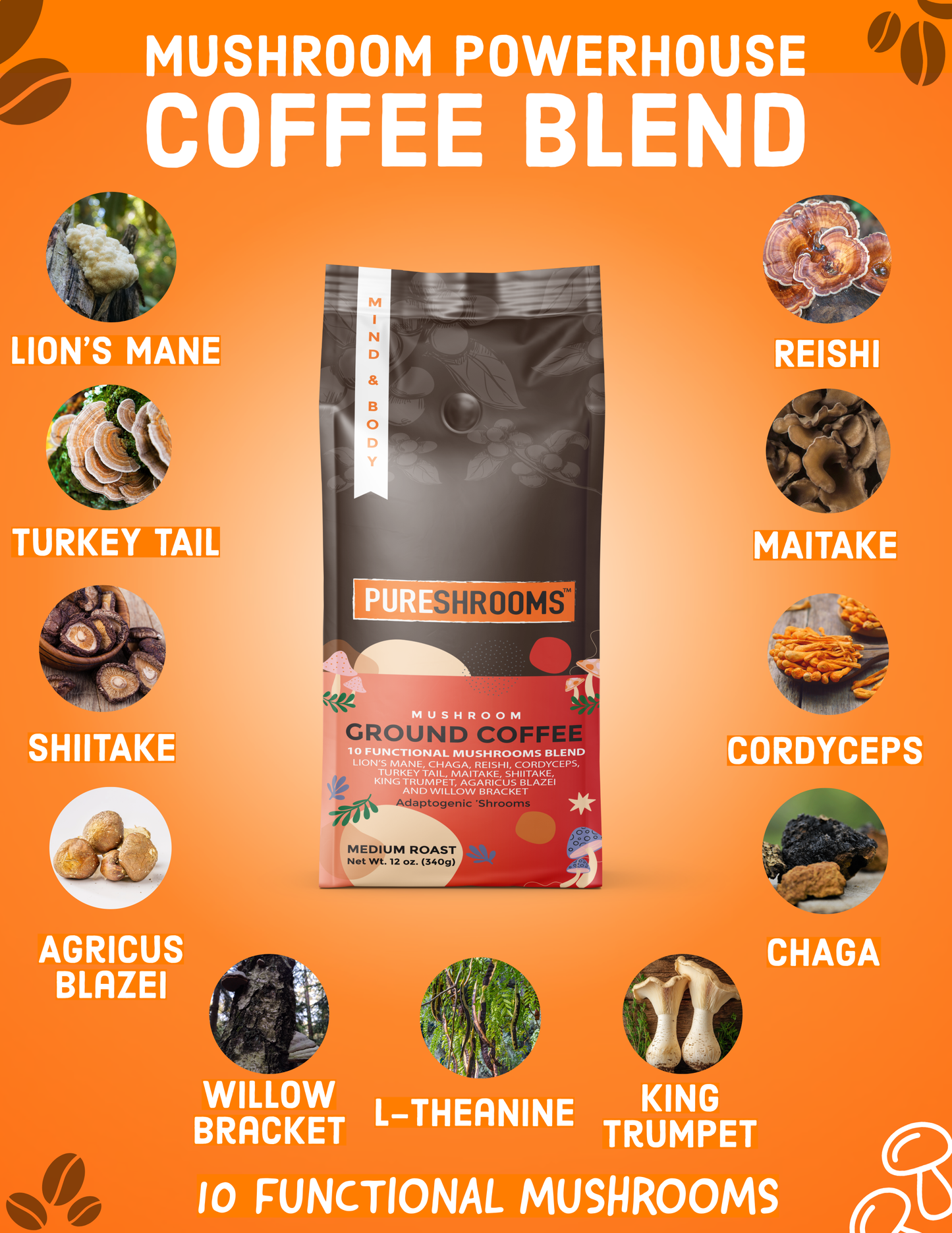PureShrooms Perfect 10 Mushroom Ground Coffee | Best Seller