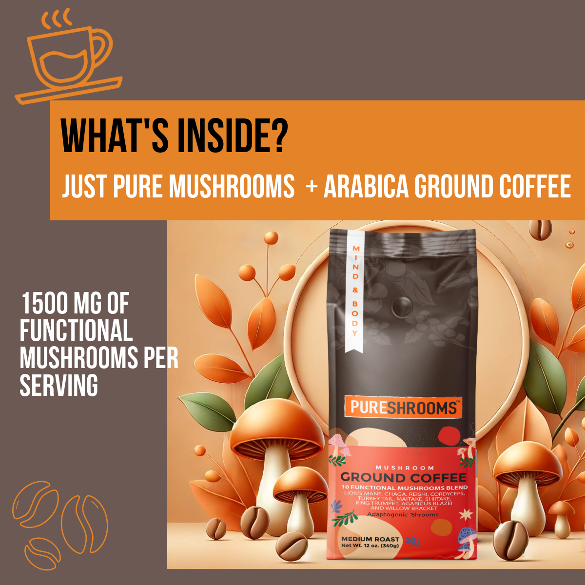 PureShrooms Perfect 10 Mushroom Ground Coffee | Best Seller