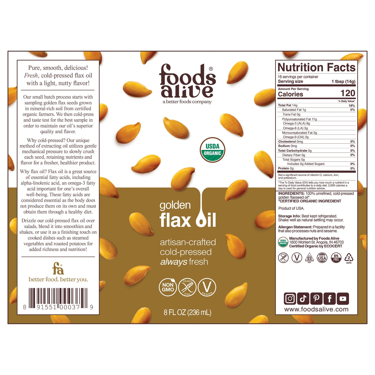 Gold Flax Seed Oil - Artisan Cold-Pressed, Organic